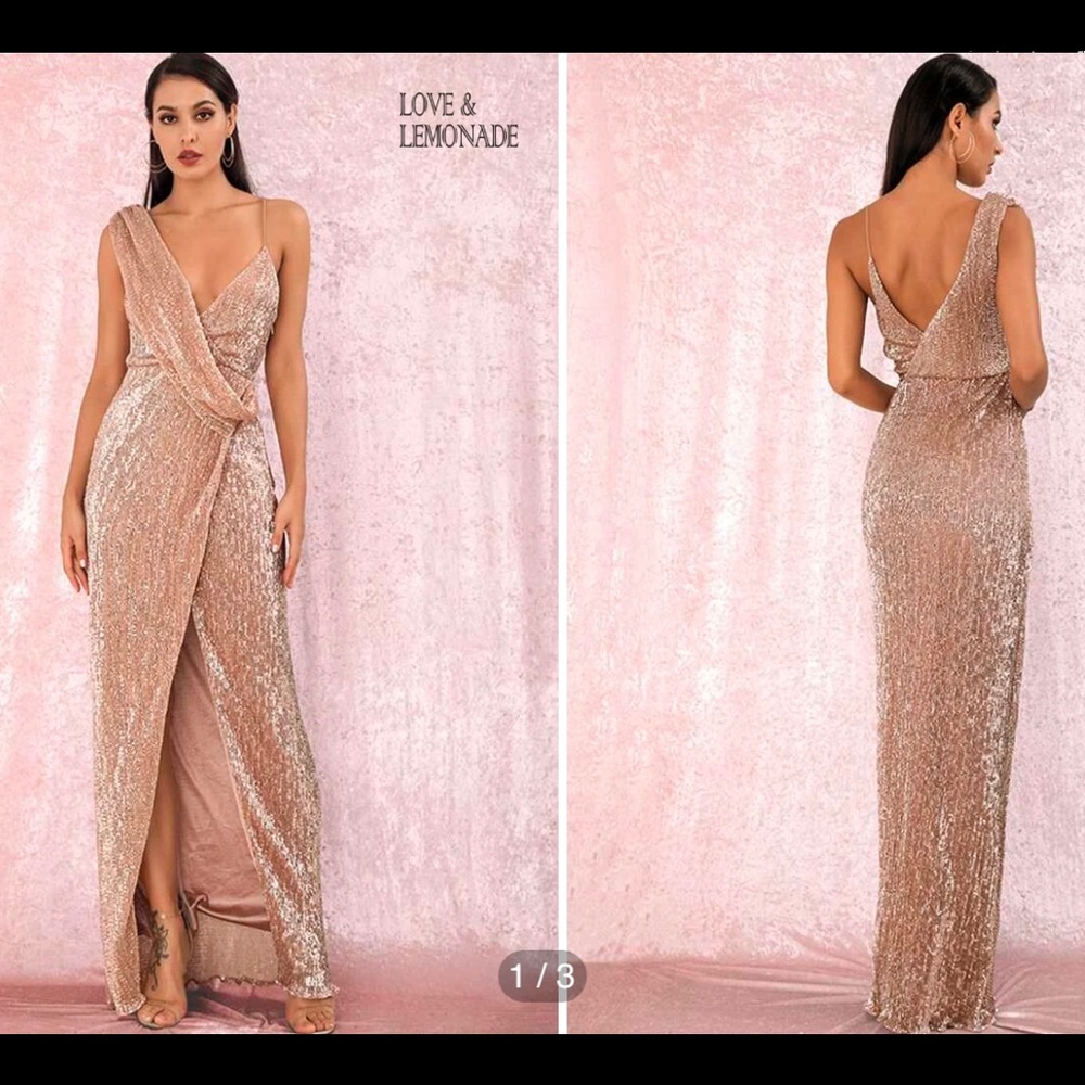 LOVE&LEMONADE Twist Split Thigh Backless Draped Maxi Sequins Dress